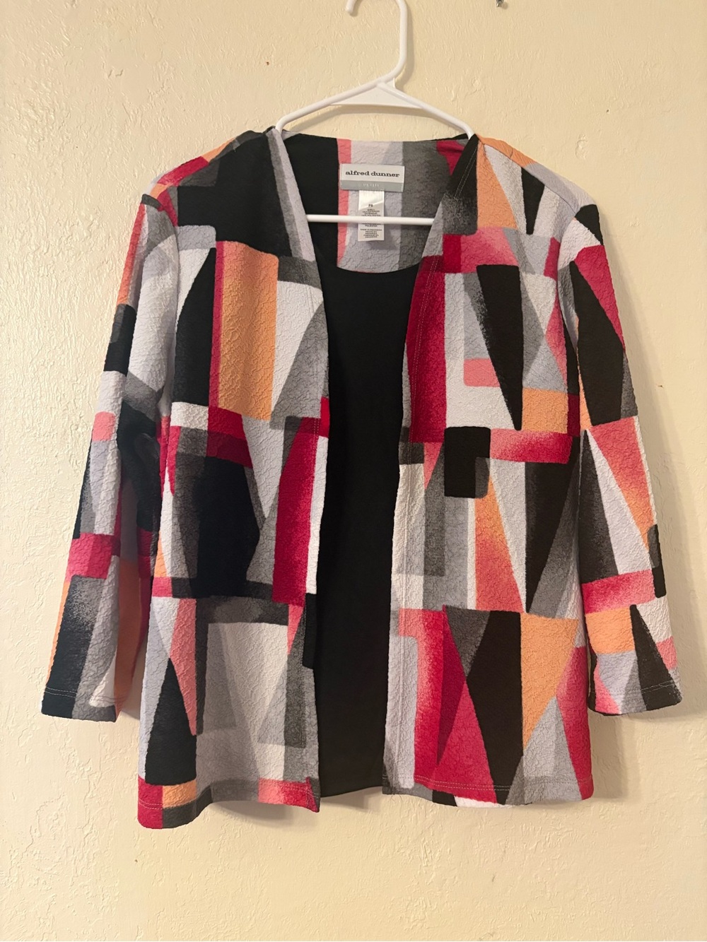 Alfred Dunner Geometric Open-Front Jacket in Red, Black, Gray, Cream